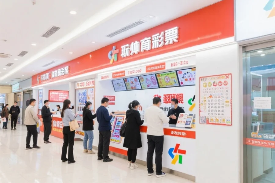 现代化彩票销售点外观,明亮整洁,有多位顾客正在咨询和购买彩票,展现安全有序的购彩环境